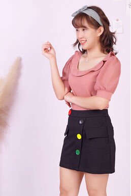 Frill Round Neck Chiffon Puff Sleeve Top (Red Bean)